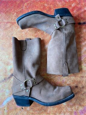Vintage Men's Tan Leather Square Toe & Harness Moto Boots